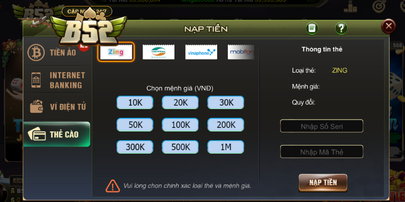 Nạp tiền B52club qua thẻ cào.