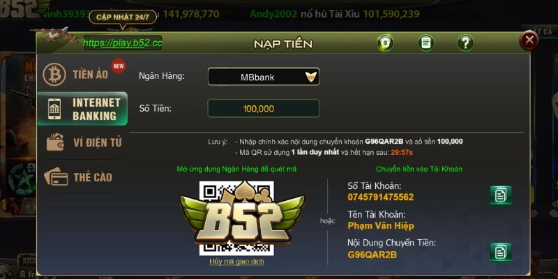 Tham gia vào trò chơi tại B52club ngay sau khi đăng nạp tiền